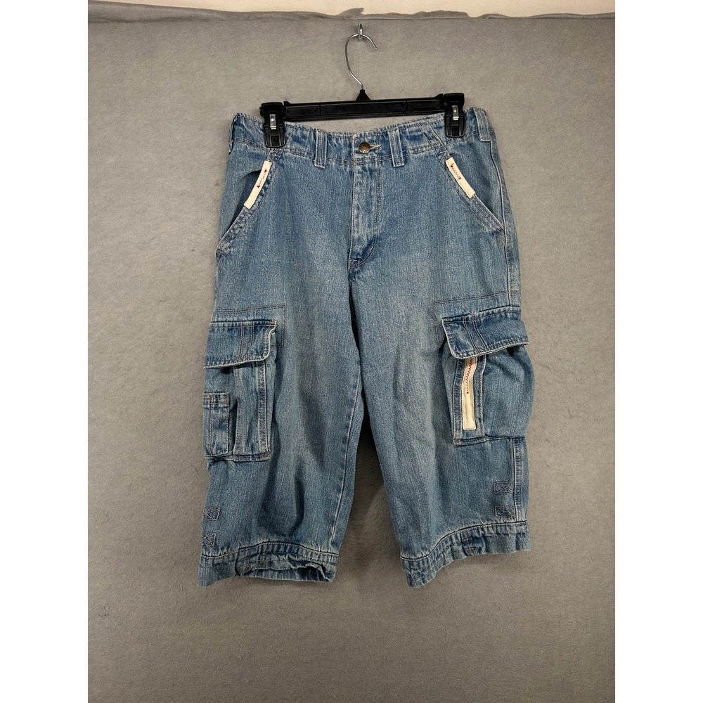 Vintage Blue Denim Cargo Capri Pants Medium Wash Multi Pocket Cropped Jeans Y2k